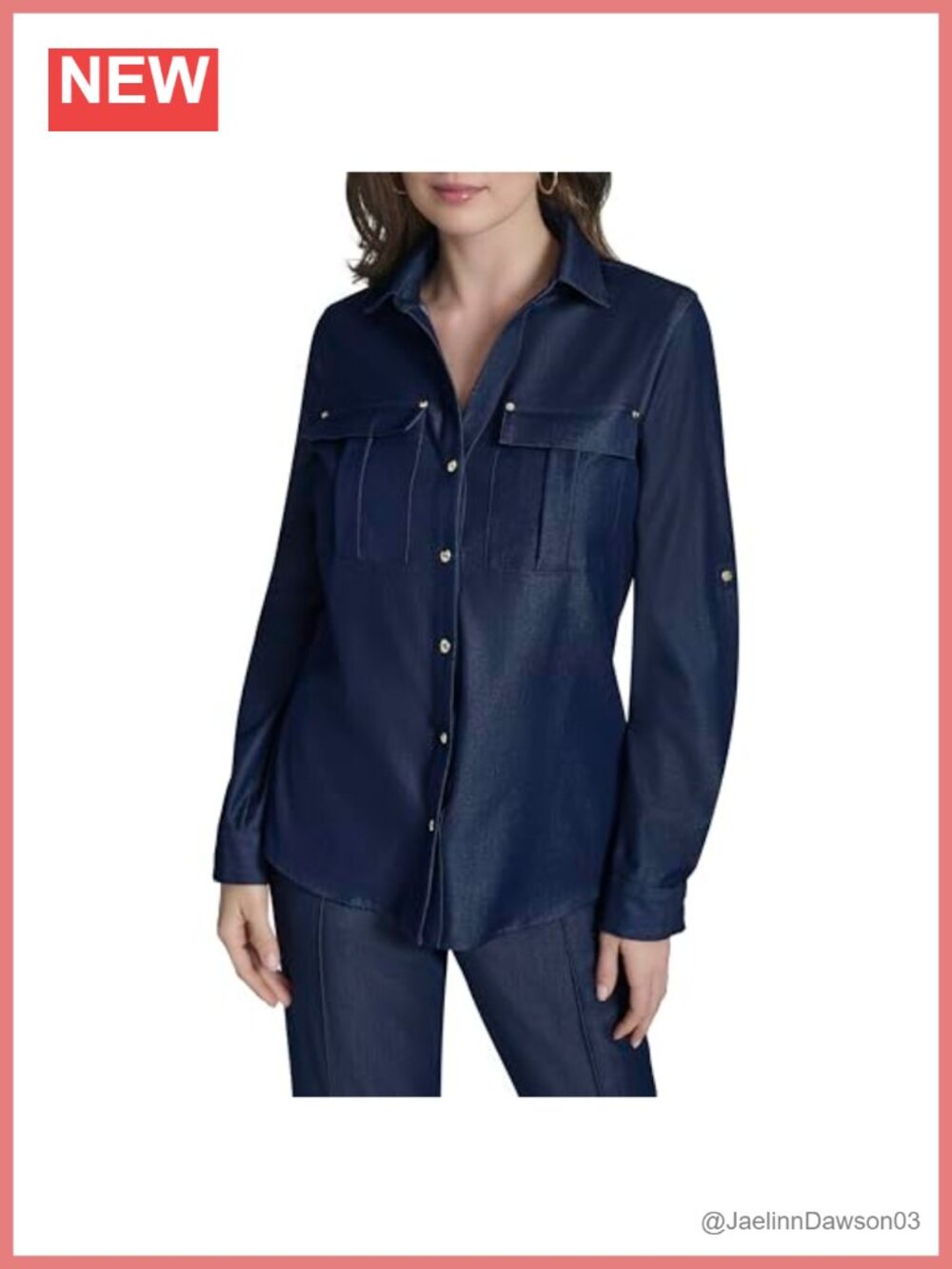 Roll-Tab Sleeve Denim-Like Button Front Collared Top